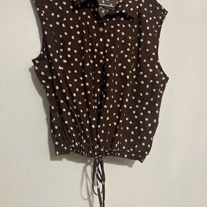 Sleeveless Brown Polka Dot Button Down Shirt